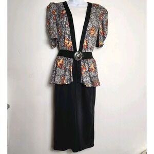 Vintage 80s Floral Peplum Midi Dress Cottagecore Secretary Puff Sleeve Size Med?